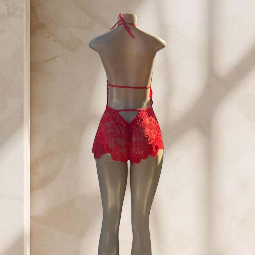 Red Lace Bodysuit Lingerie – Halter Deep V Sheer Ruffle Detail Sexy ✧ L - Picture 4 of 4